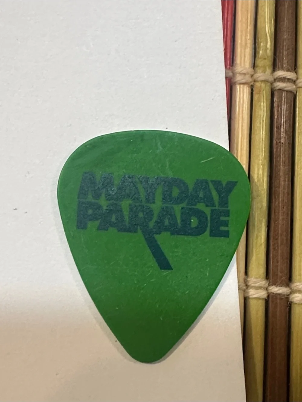 Mayday Parade Brett Brooks Printed AutographGreen Guitar Pick - Branded Logo Pic